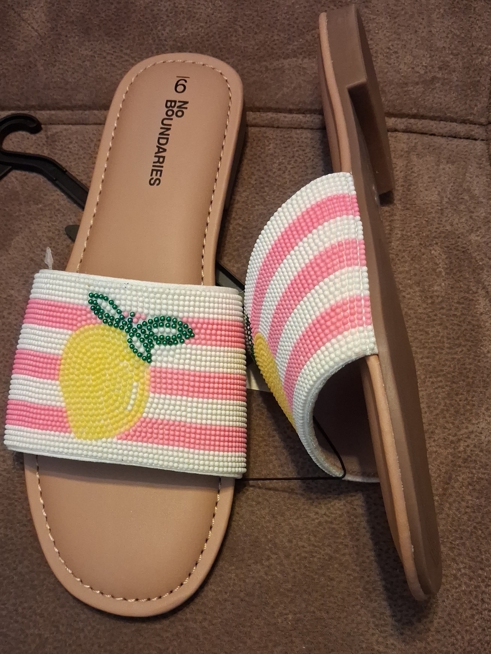 No Boundaries Pink Striped Slide Sandals with Yellow Lemon Bead Motif Size 9